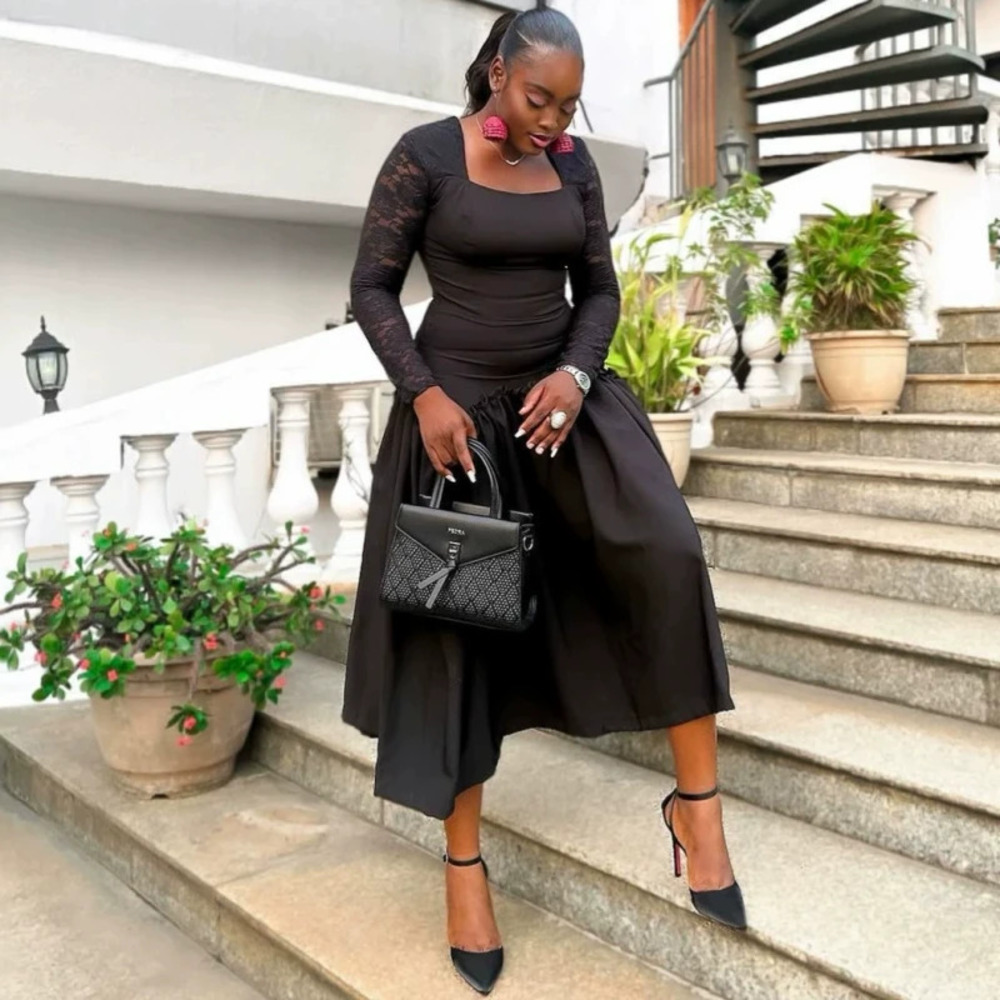 Long Sleeve Square Neck Lace Waist Tie Maxi Dress African High Waist Flare Solid